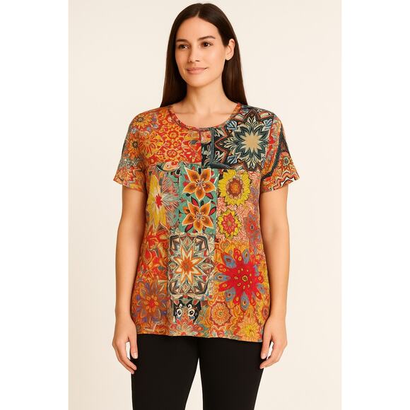 Johnny Was Los Angeles Boho Patchwork Floral Top Women’s XL Multicolor Tunic Tee - Picture 1 of 6